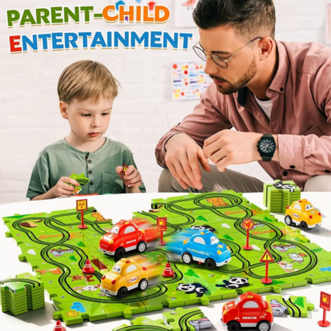 Vuxen och barn som bygger med vägbanepussel och små bilar vid bord