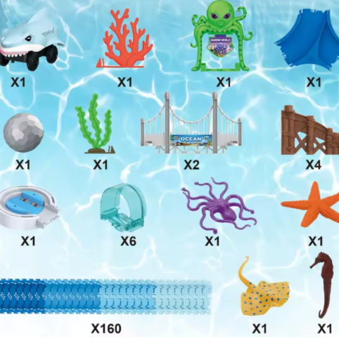 Delar som ingår i flexibel hajbilbana med hajbil och tillbehör