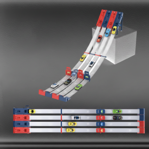 Katapultbilbana med tre banor sedd ovanifrån och framifrån