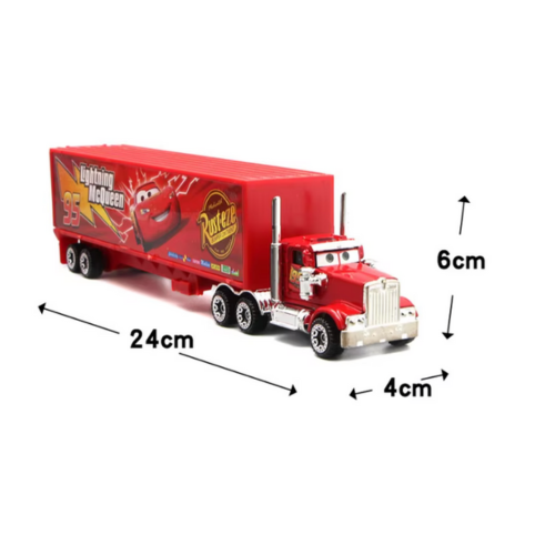 Röd lastbilstrailer i Cars-tema med måttangivelser