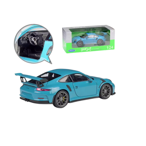 Blå sportbil i modellformat med produktförpackning och detaljbild på interiören