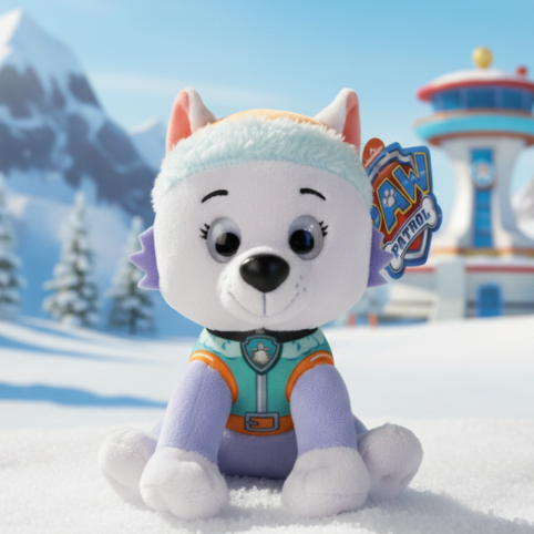 Gosedjur föreställande Everest från Djurpatrullen i vintermiljö