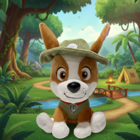 Gosedjur föreställande Tracker från Djurpatrullen i djungelmiljö