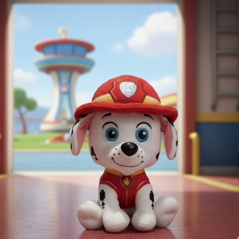 Gosedjur föreställande Marshall från Djurpatrullen i brandstationsmiljö