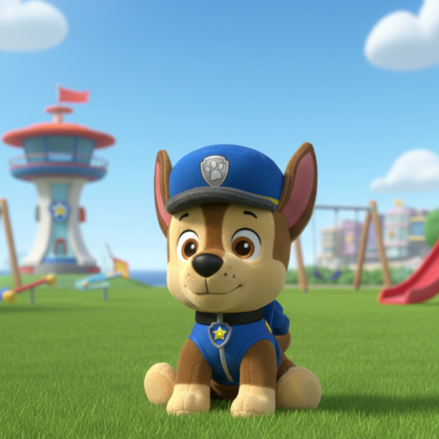 Gosedjur föreställande Chase från Djurpatrullen i parkmiljö