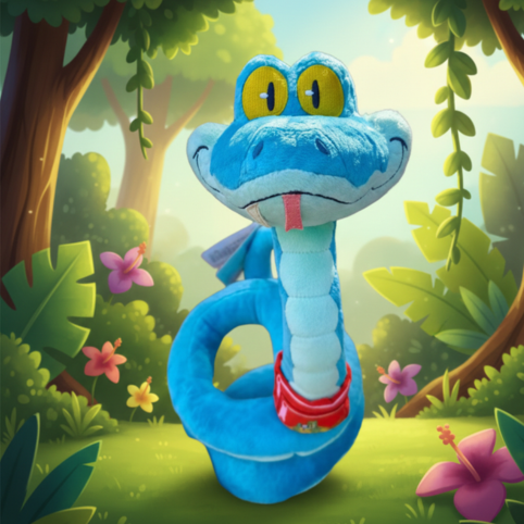 Blått gosedjur i form av slingrande orm i grön skogsmiljö