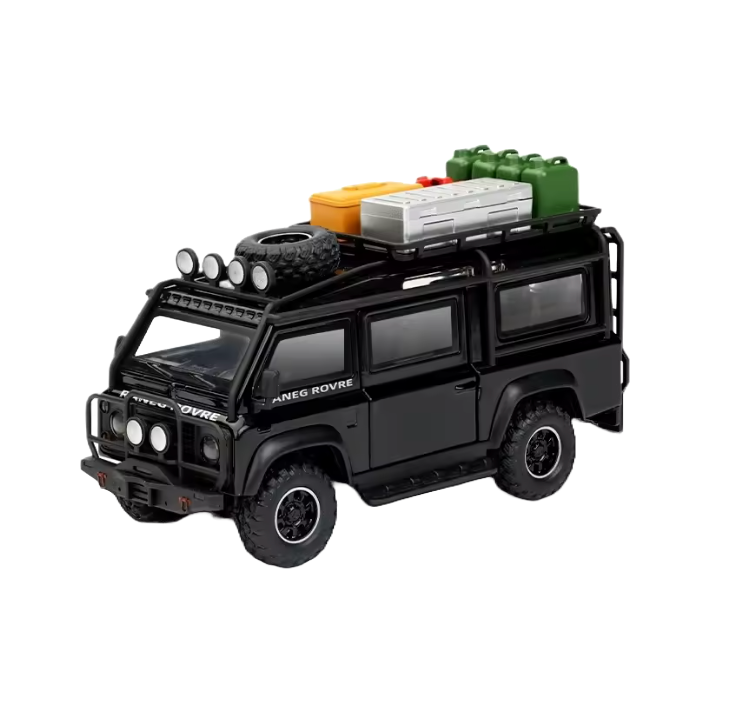 Svart offroad-minivan i modellformat med takräcke och packning mot transparent bakgrund