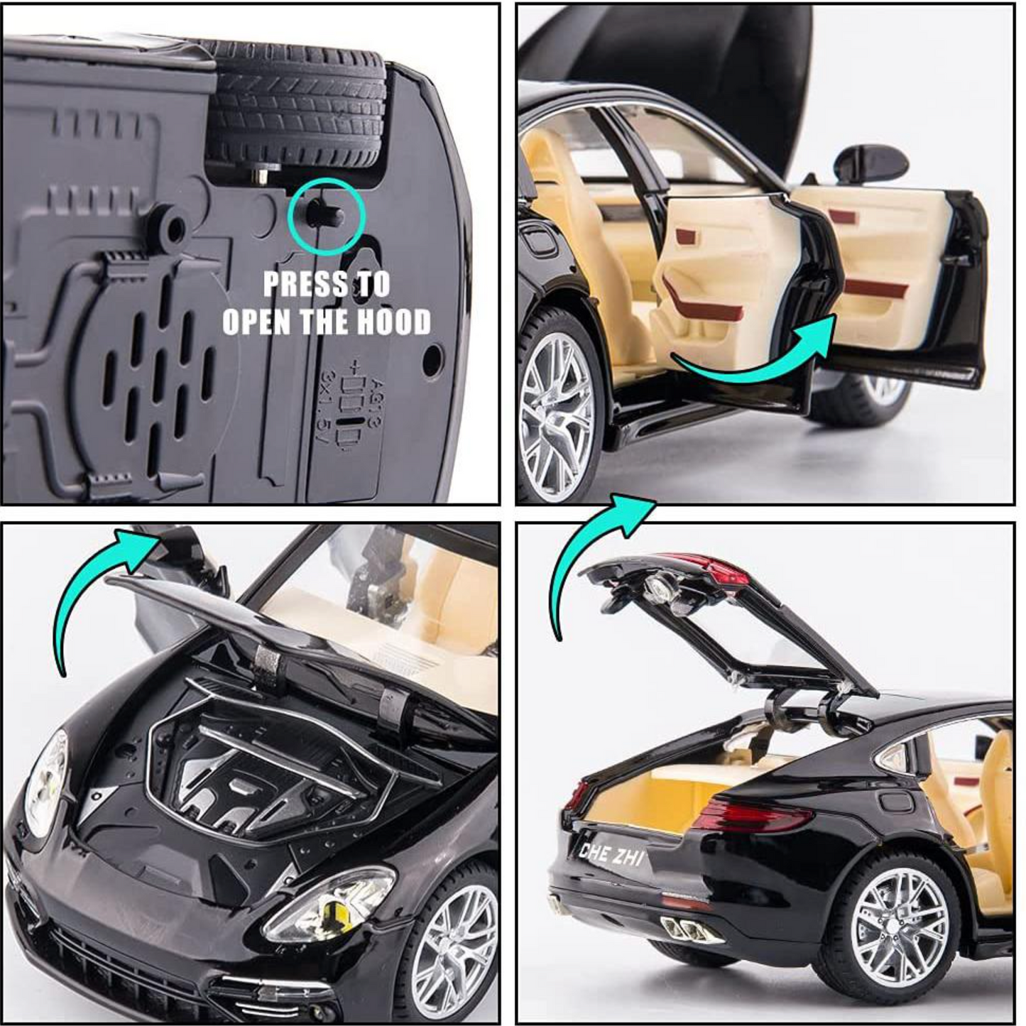 Kollage som visar undersida, öppningsbar dörr, motorhuv och baklucka på svart modellbil