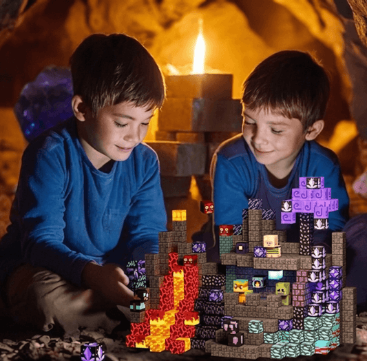 Barn som leker med lysande pixelinspirerade byggklossar i grottmiljö