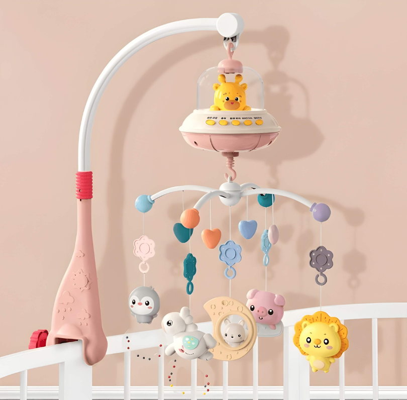 Rosa musikalisk babymobil för spjälsäng med färgglada djurfigurer