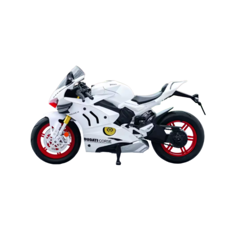 Vit diecast racingmotorcykel från sidan mot ljus bakgrund