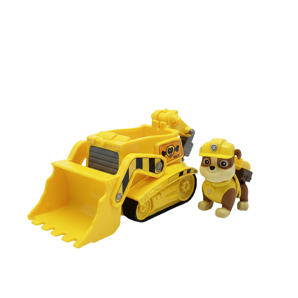 Gul bulldozer med Rubble-figur mot vit bakgrund