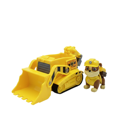 Gul bulldozer med Rubble-figur mot vit bakgrund