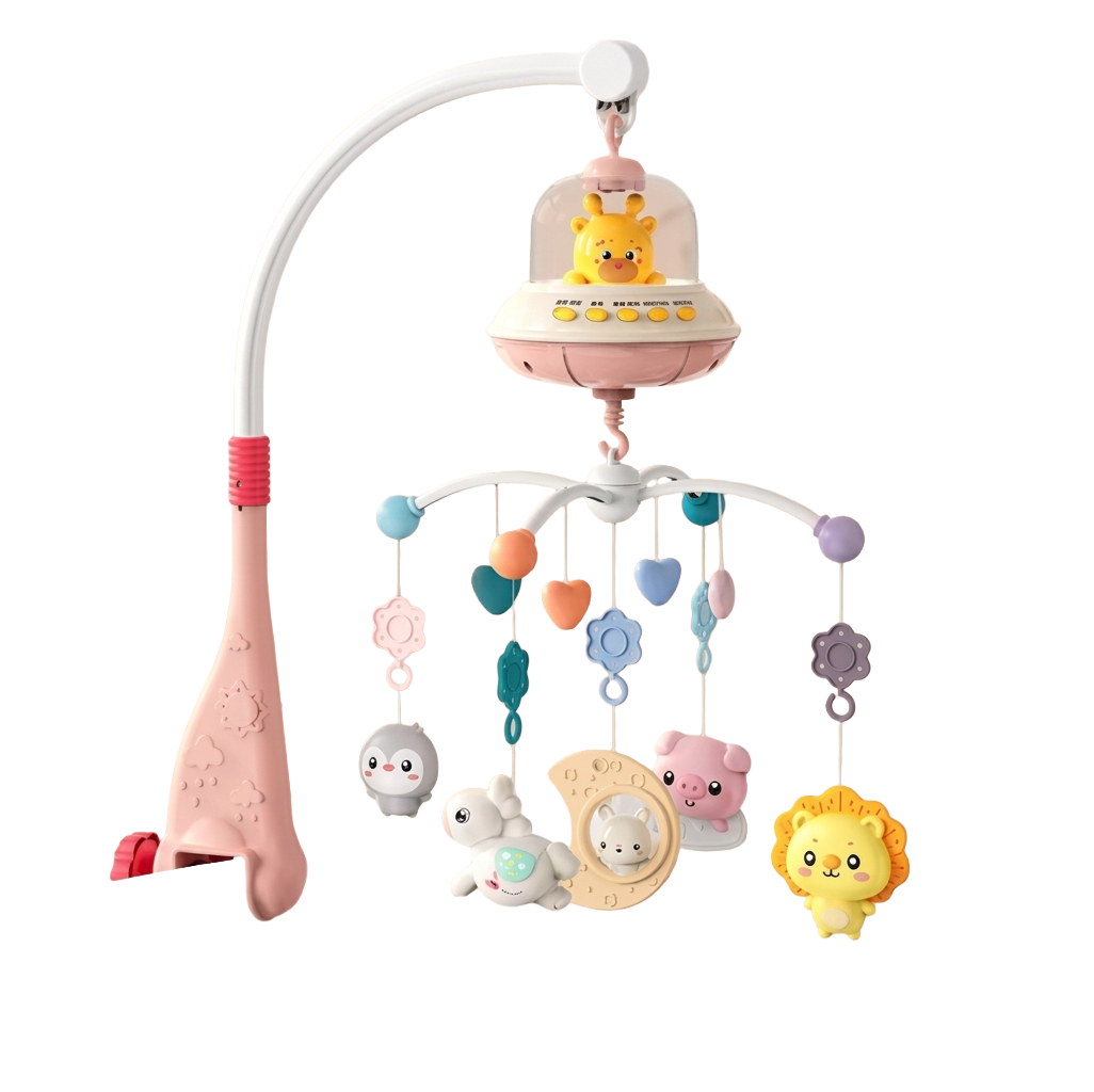 Rosa musikalisk babymobil för spjälsäng med färgglada djurfigurer