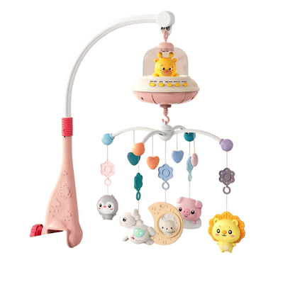 Rosa musikalisk babymobil för spjälsäng med färgglada djurfigurer