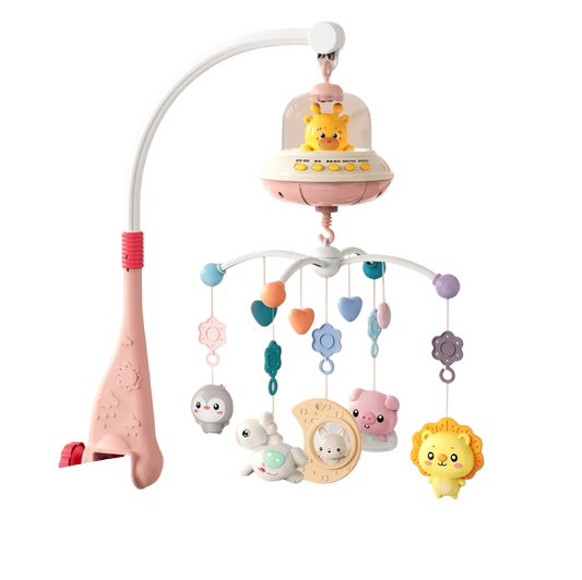 Rosa musikalisk babymobil för spjälsäng med färgglada djurfigurer