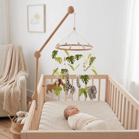 Babymobil med Träställning och Skogsdjur – För Spjälsäng