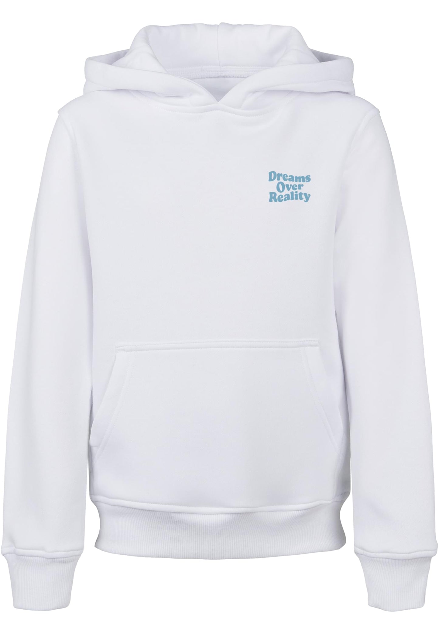 UC Dreams Over Reality Basic Kids Hoody i vit framifrån mot ljus bakgrund