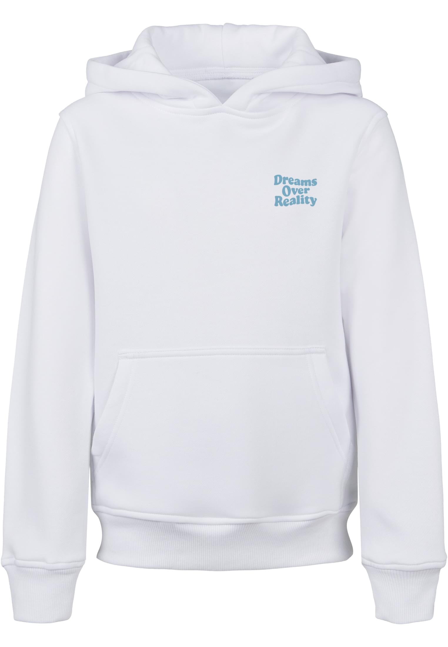 UC Dreams Over Reality Basic Kids Hoody i vit framifrån mot ljus bakgrund