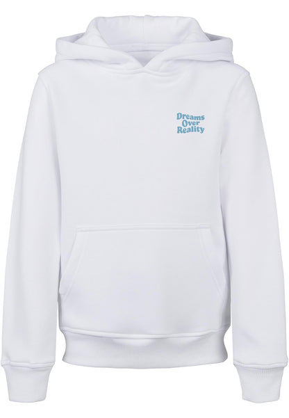 UC Dreams Over Reality Basic Kids Hoody i vit framifrån mot ljus bakgrund