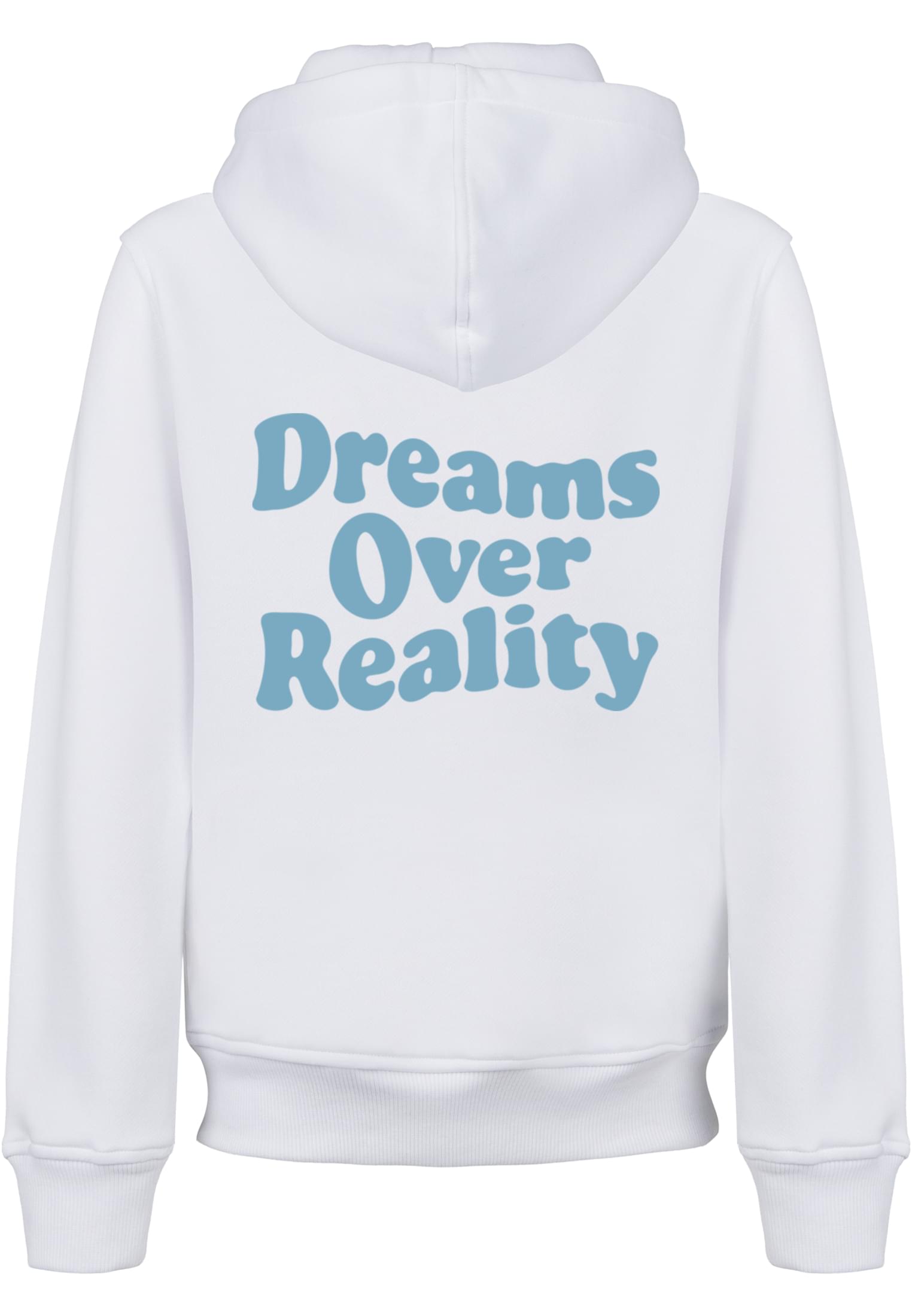 UC Dreams Over Reality Basic Kids Hoody i vit bakifrån mot ljus bakgrund