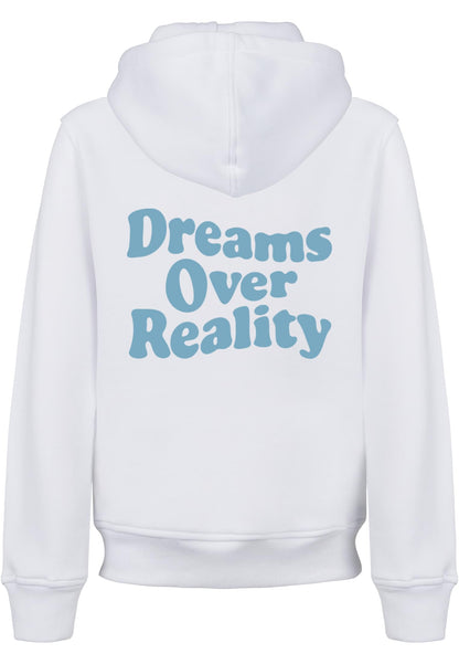 UC Dreams Over Reality Basic Kids Hoody i vit bakifrån mot ljus bakgrund