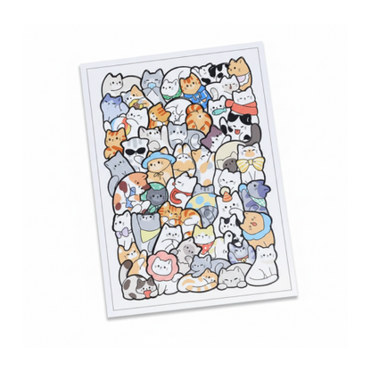 Träpussel med många tecknade katter samlade på vit bakgrund