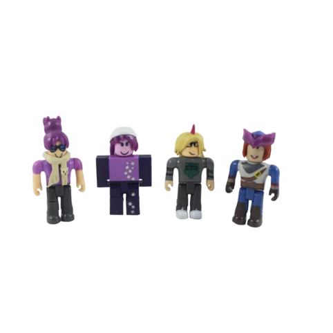Fyra blockfigurer ur figurset i lila, grått och blått