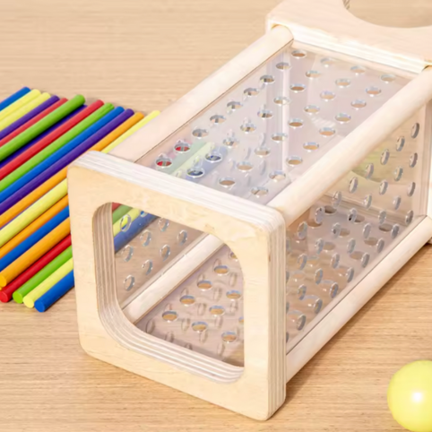 Närbild på genomskinlig låda i montessorileksak med färgade pinnar bredvid