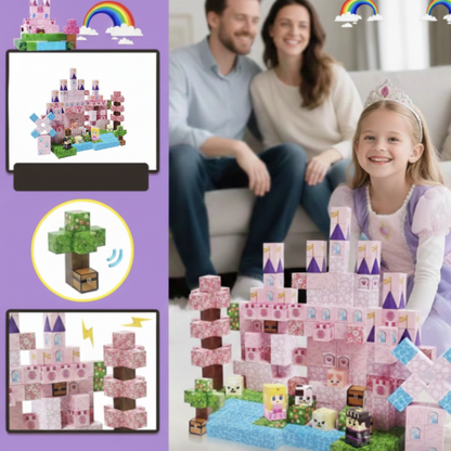 Barn leker med rosa sagoslott av magnetiska byggklossar