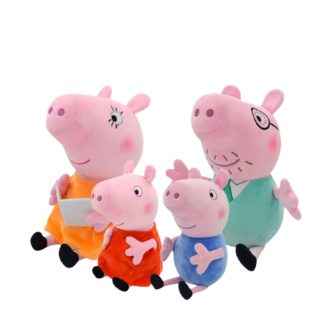 Fyra mjuka gosedjur i grisfamilj mot ljus bakgrund