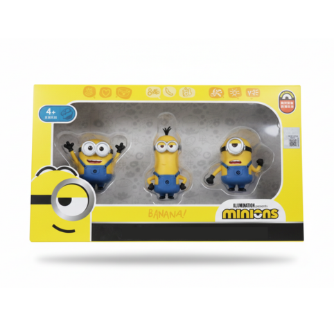 Tre gula figurer i originalförpackning med gul kartong