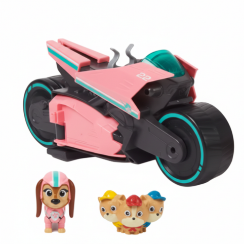 Rosa motorcykel med hundfigur och tre små figurer mot ljus bakgrund