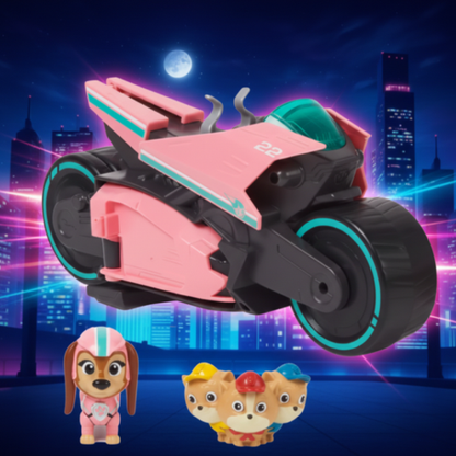 Rosa motorcykel med hundfigur framför neonfärgad stadsbakgrund