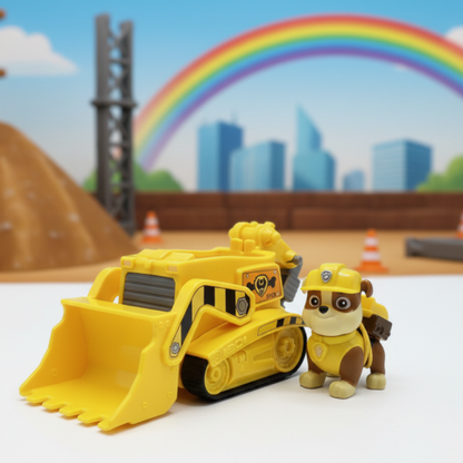 Gul bulldozer med Rubble-figur framför byggbakgrund