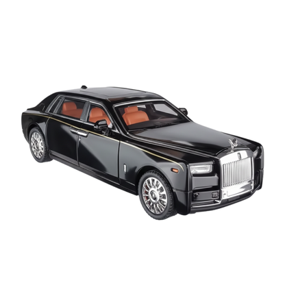 Svart lyxbil i modellformat, sned framifrån mot vit bakgrund