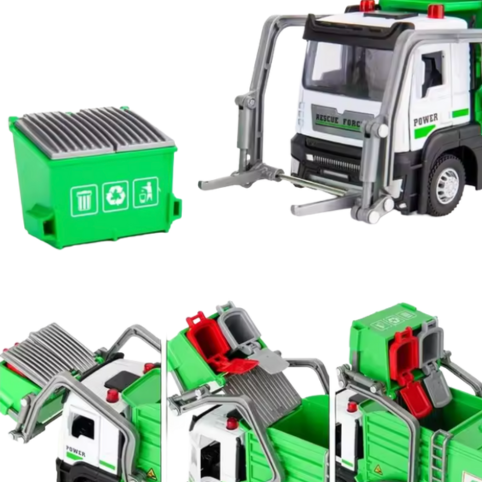 Kollage med grön sopbil, container och närbilder på lyft- och tömningsfunktioner
