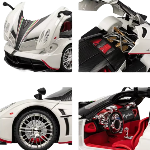 Kollage med vit superbil i modellformat och närbilder på dörr, motor, hjul och interiör