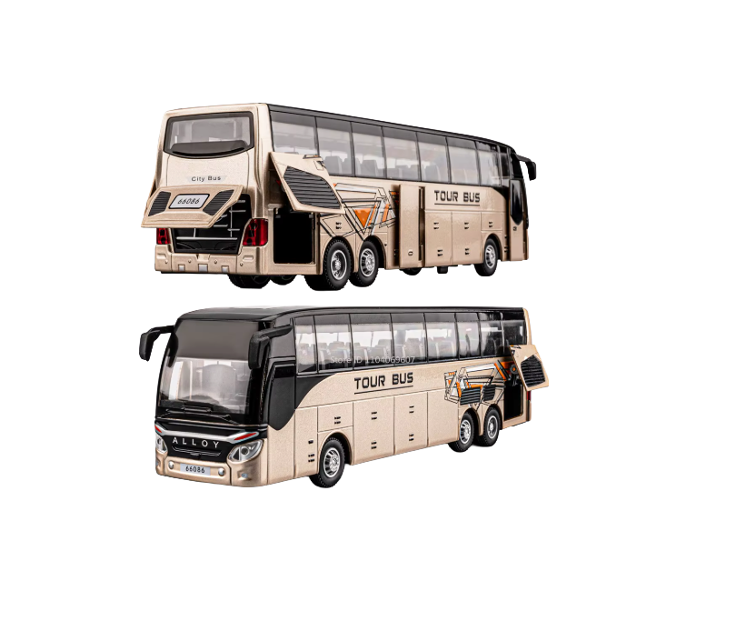 Guld leksaksbuss för barn med realistiska detaljer framifrån och bakifrån