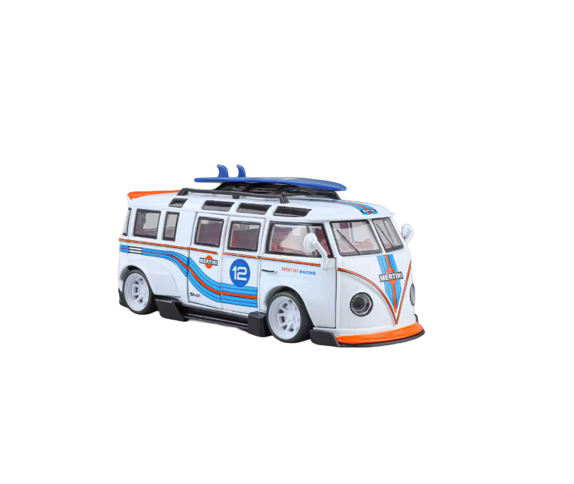 Leksaksbil i form av vit minibuss med blå och orange racingdetaljer