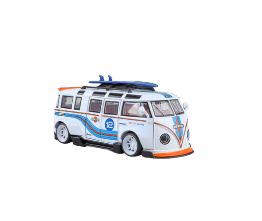 Leksaksbil i form av vit minibuss med blå och orange racingdetaljer