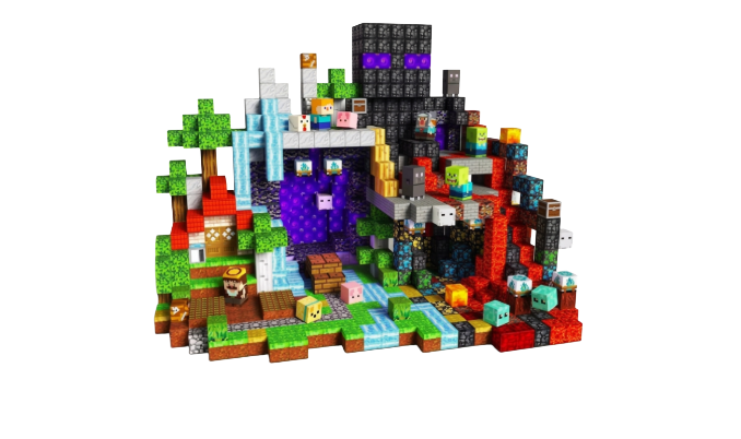 Byggklossar med pixelinspirerad spelvärld, figurer, träd och vattenfall