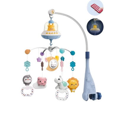 Blå musikalisk babymobil för spjälsäng med projektor och färgglada djurfigurer