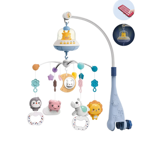 Blå musikalisk babymobil för spjälsäng med projektor och färgglada djurfigurer