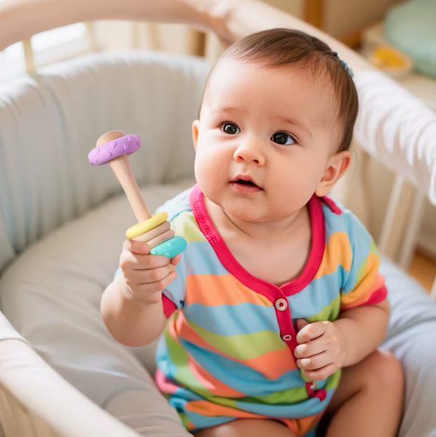 Baby sitter i säng och håller babyrassel i trä och silikon i pastellfärger