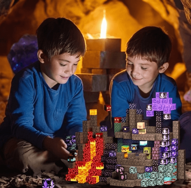 Barn som leker med lysande pixelinspirerade byggklossar i grottmiljö
