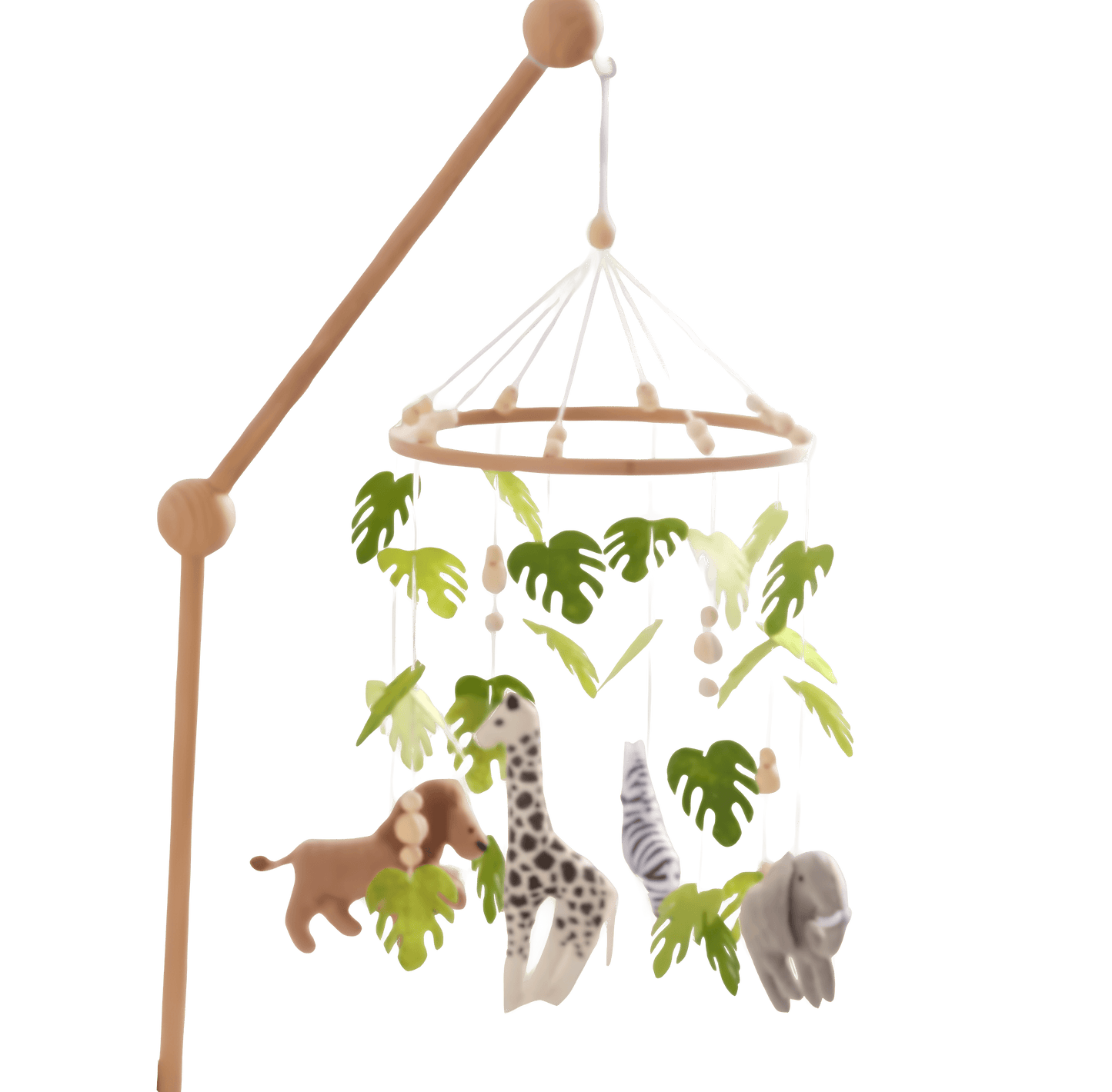 Babymobil för spjälsäng med djur, gröna blad och träfärgat fäste