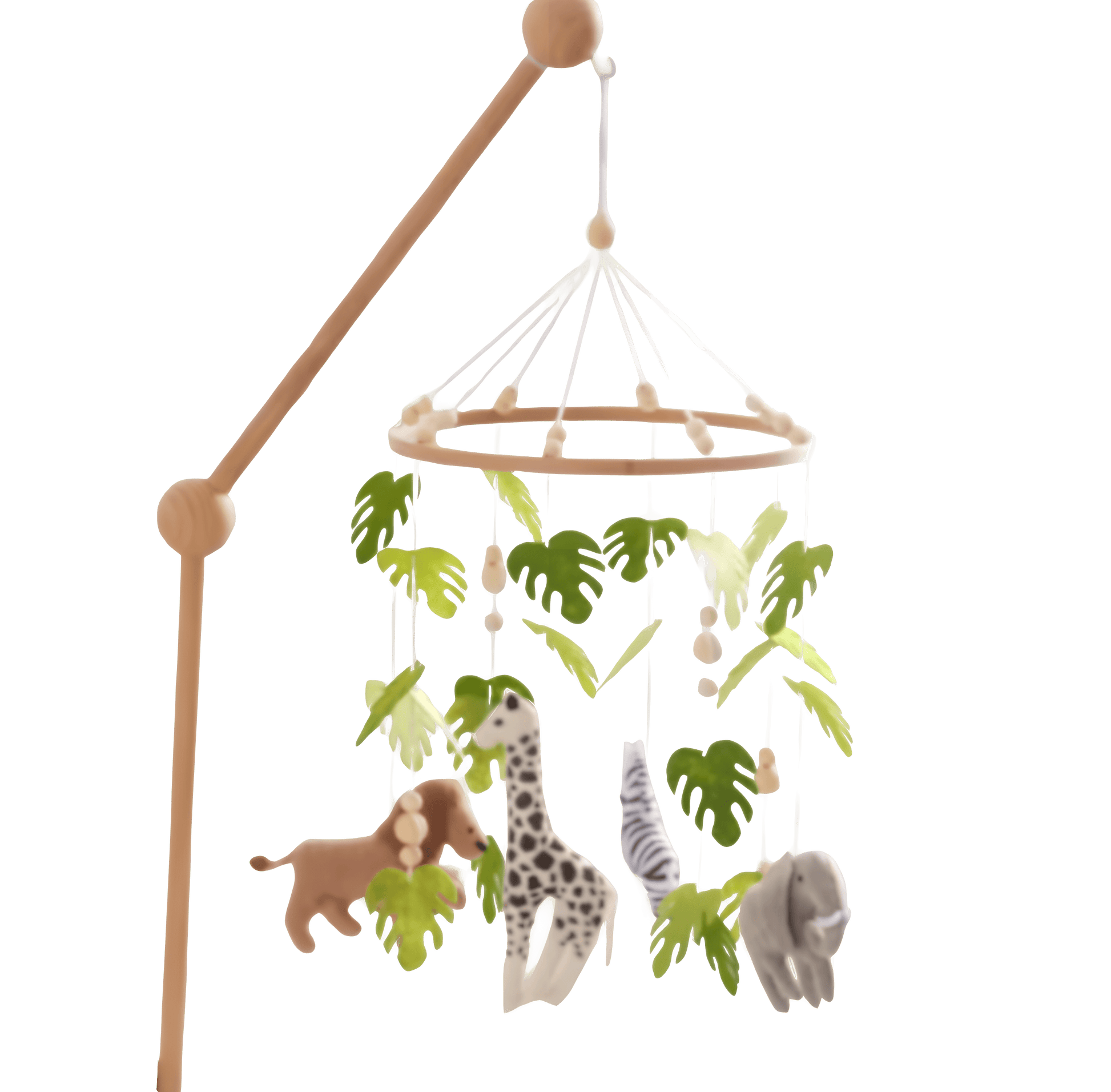 Babymobil för spjälsäng med djur, gröna blad och träfärgat fäste