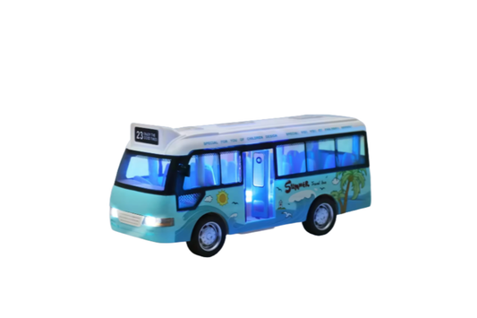 Turkos leksaksbuss för barn med blåa ljuseffekter och strandmotiv