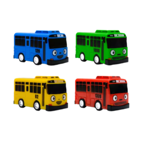 Fyra minibussar i blått, grönt, gult och rött mot ljus bakgrund